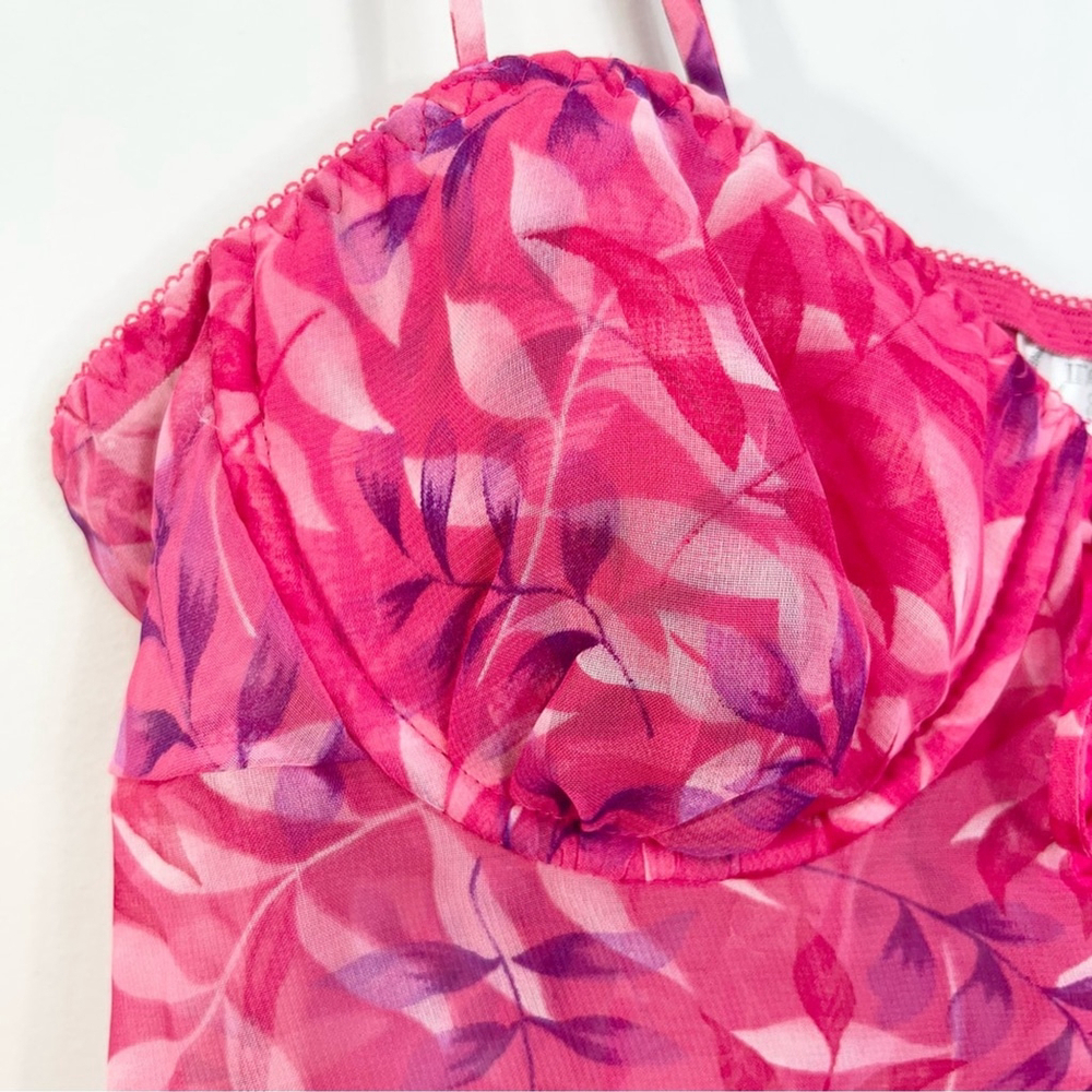 Vintage 90s pink purple leaf print chiffon lace up bustier chemise nighty M - Picture 9 of 17